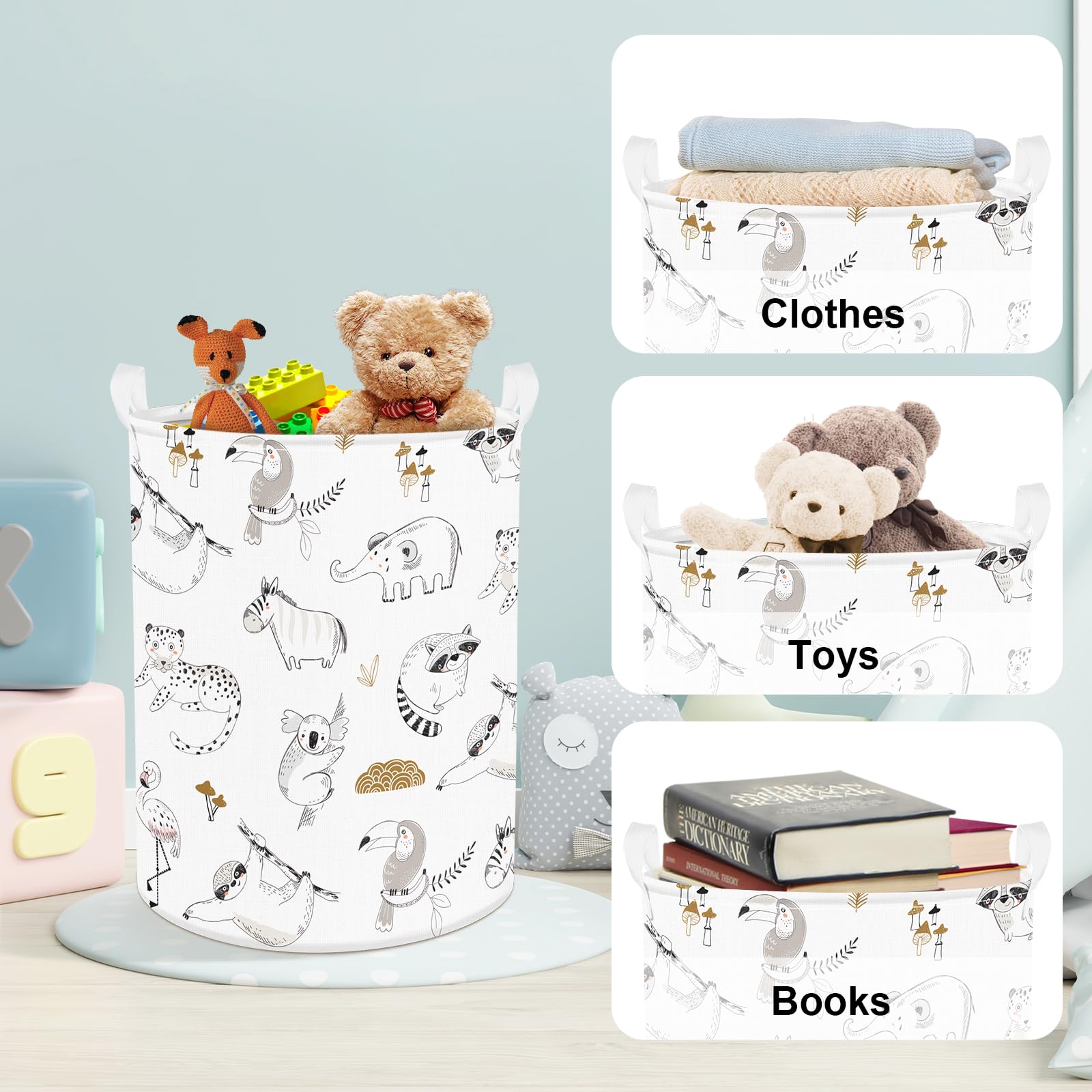 Clastyle 45L Sketch Forest Animal Kid Clothes Hamper Elephant Raccoon Laundry Basket for Boy Girl Leopard Zebra Round Toy Clothes Storage Basket for Nursery Room