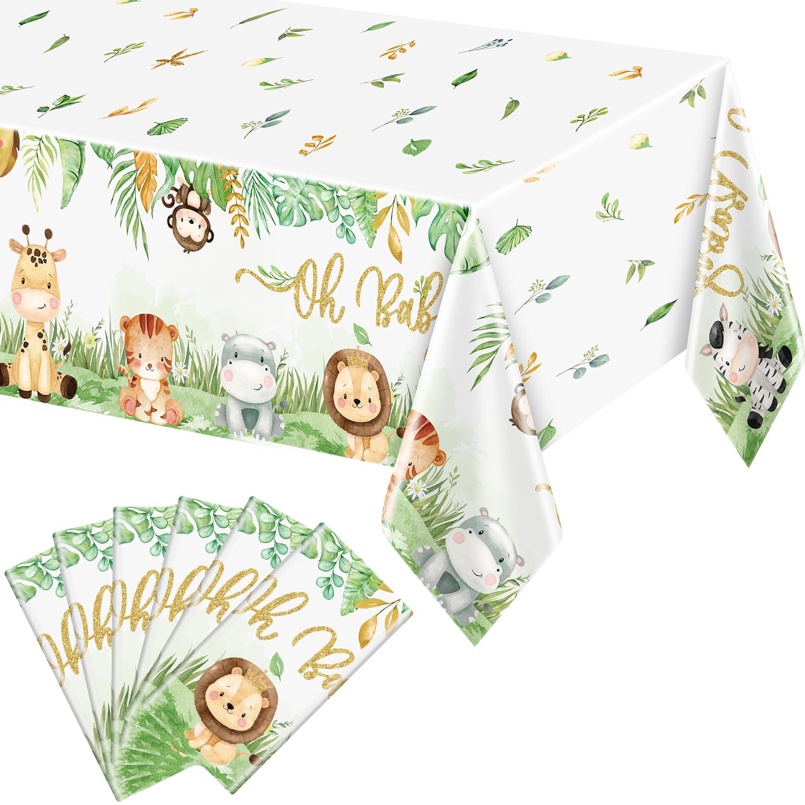 Weecent 6 Pcs Safari Baby Shower Tablecloths Jungle Animals Plastic Table Cloths,108×54 Inch Oh Baby Party Supplies Sage Green Baby Shower Decorations for Boys Kids