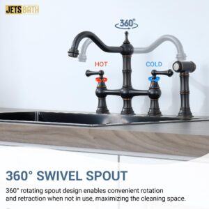 JetsBath Oil Rubbed Bronze Brass Bridge Kitchen Faucet with Side Sprayer, Deck Mount Kitchen Sink Faucet with 2 Handle, 8” Centerset Kitchen Faucets for Sink 4 Hole, Swiveling Spout Kitchen Faucet