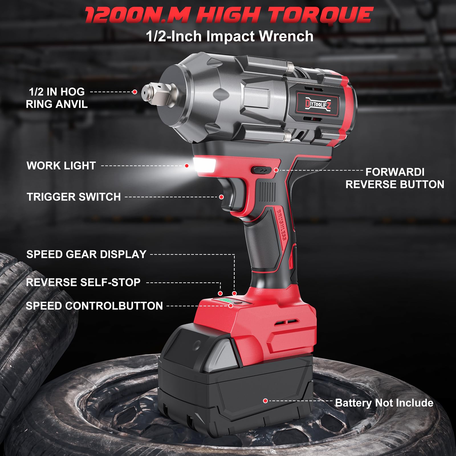 Cordless Impact Wrench 1/2 inch for Milwaukee M18 Battery, 900Ft-lbs(1200N.m) High Torque Brushless Electric Impact Wrench Gun, Power Impact Driver with 4-Mode Speed, LED Work Light(no battery)