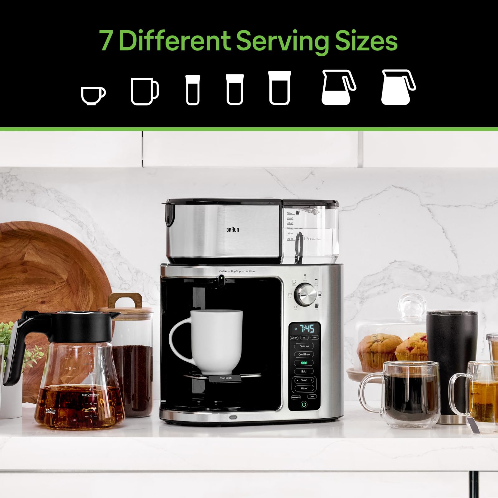 Braun MultiServe Plus 10- Cup Pod Free Drip Coffee Maker, 7 Brew Sizes/Hot & Cold Brew & Hot Water for Tea, KF9370SI