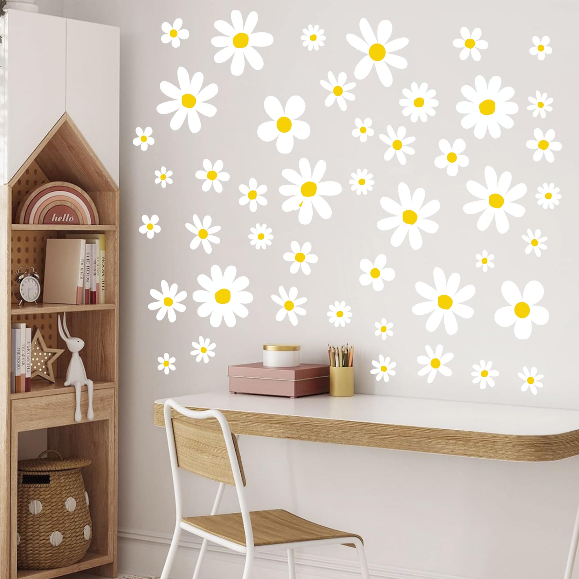 12 Sheets Daisy Wall Decals Boho Flower Wall Stickers Cute Kids Girls Room Decor Peel and Stick Floral Decals Toddler Playroom Living Room Bedroom Classroom Retro Hippie Decor Classic Style