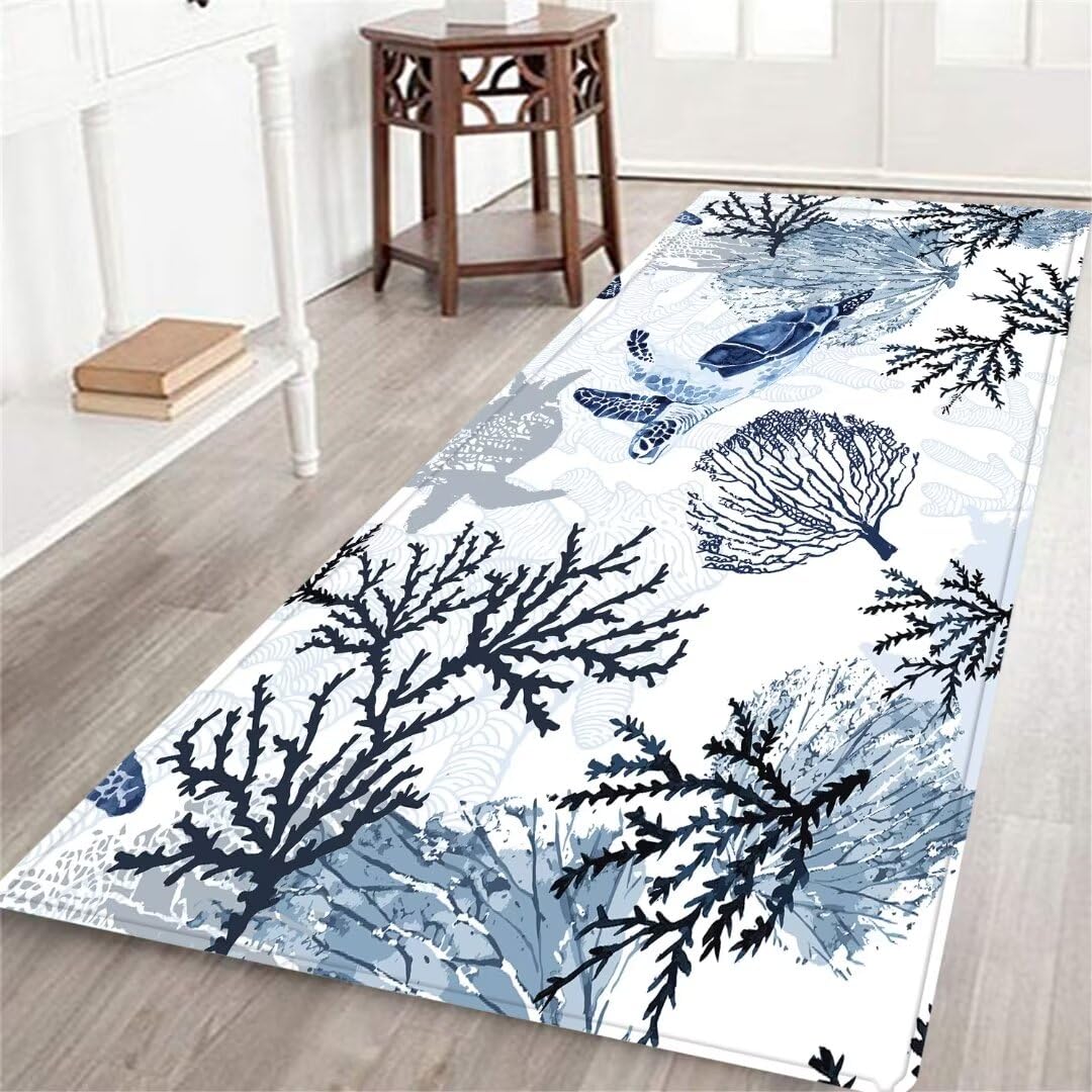 Coastal Beach Runner Rug for Hallway 2x6 Decorative Coral Sea Turtle Hallway Rugs Nautical Throw Rug Navy Blue Area Rug Non-Slip Floor Carpet for Bedroom Living Room Entrance Door Mat Washable Rug