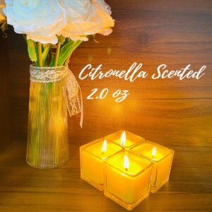 12 Pack Yellow Small Square Glass Citronella Candles, Strong Lemongrass Scented Votive Candles, for Outdoor Dinner Party, Patio, Glamping Essentials, Outside