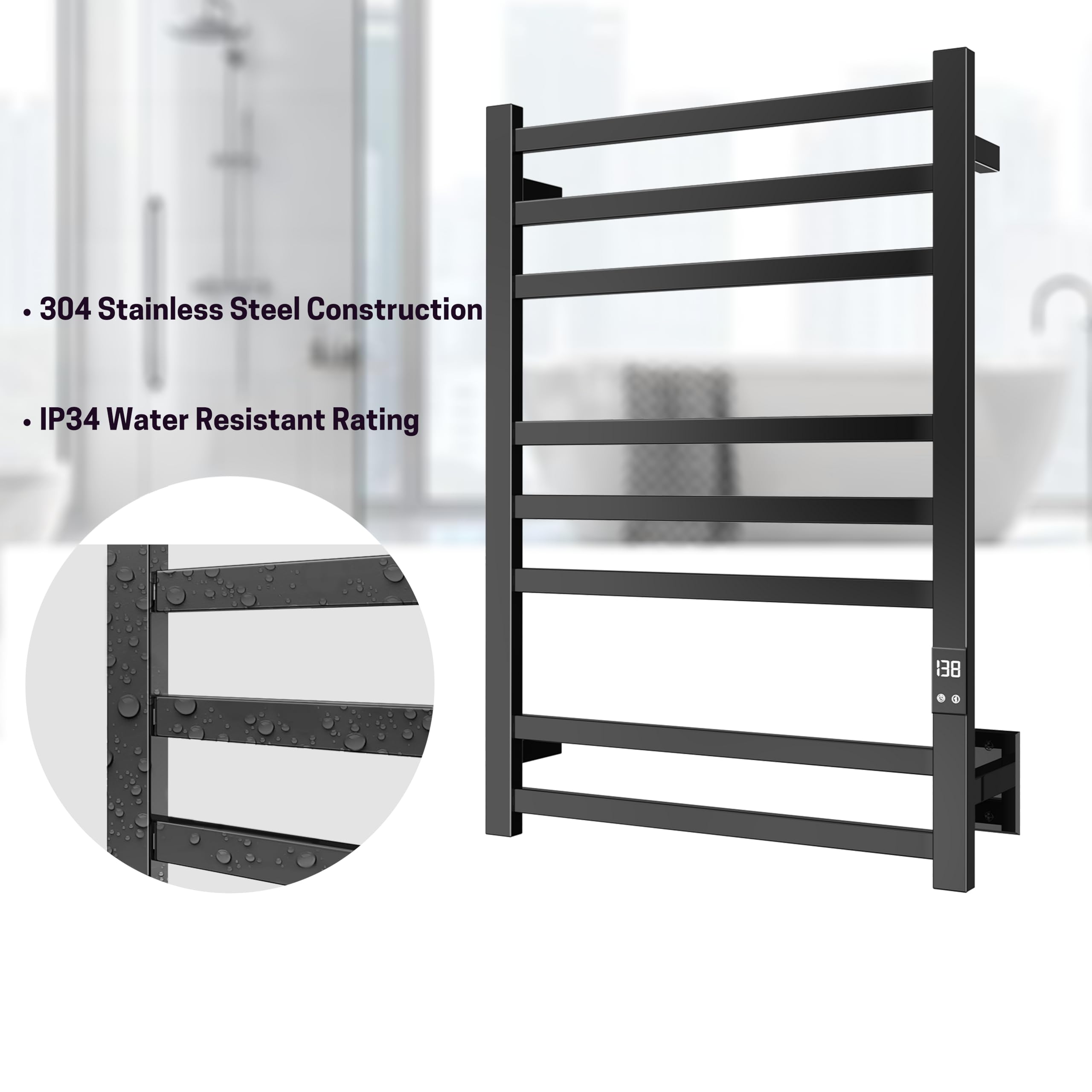 PeakTrivol 8-Bar Towel Warmer with Fast Heating, Auto Shut-Off Timer, Matte Black Finish - Hardwired or Plug-in Options - Ideal for Hot Towels in Bathroom