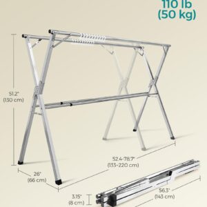 SONGMICS Clothes Drying Rack, Heavy-Duty Laundry Drying Rack, 52.4-78.7 Inches Extendable, Foldable Freestanding Airer, Stainless Steel, for Indoor Outdoor Use, Dove Gray ULLR902E01