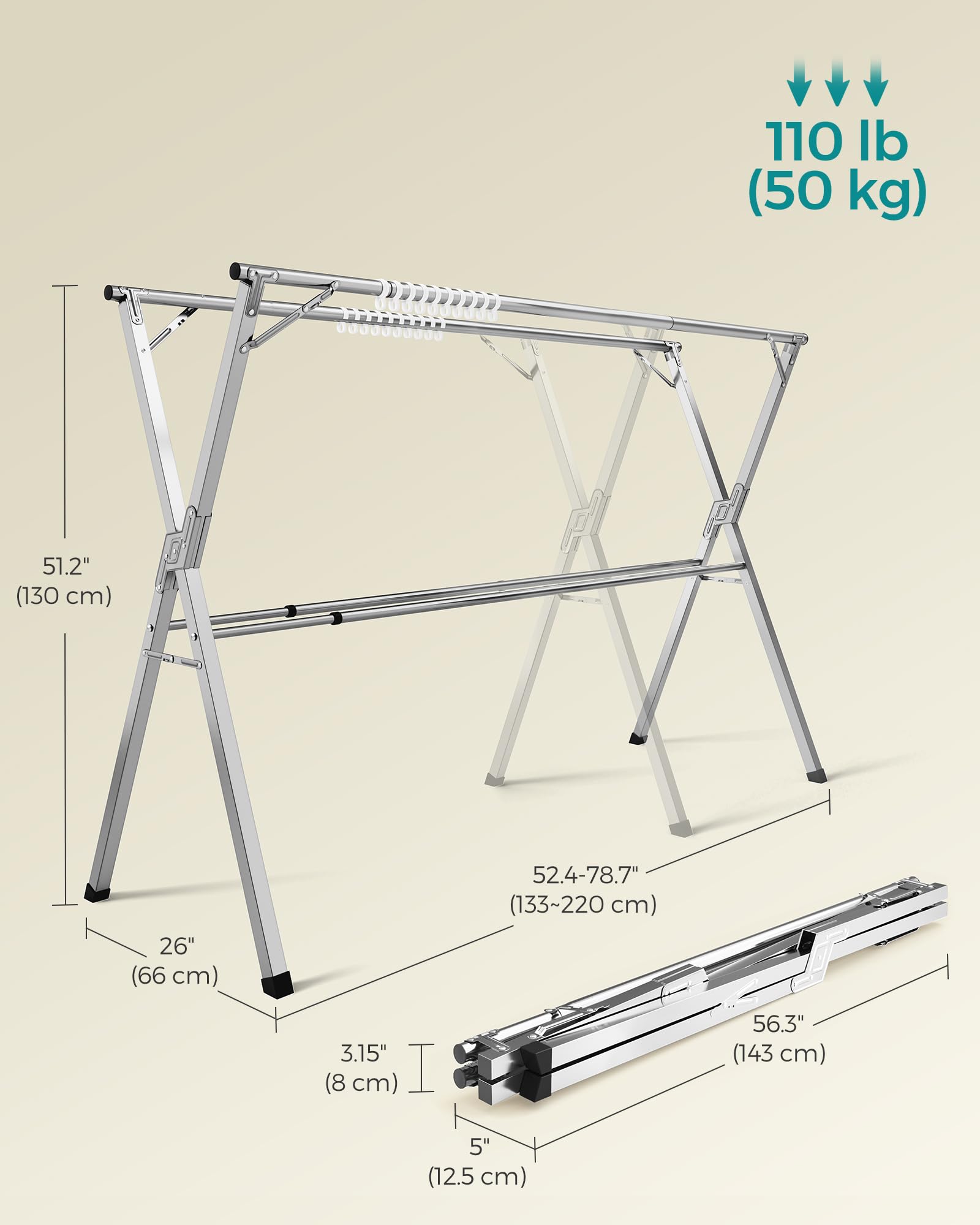 SONGMICS Clothes Drying Rack, Heavy-Duty Laundry Drying Rack, 52.4-78.7 Inches Extendable, Foldable Freestanding Airer, Stainless Steel, for Indoor Outdoor Use, Dove Gray ULLR902E01