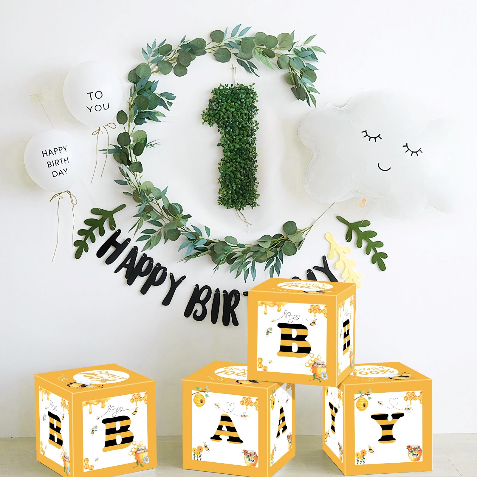 FVABO Bee Baby Shower Balloon Boxes Decorations - 4Pcs What Will It Bee Gender Reveal Decorations Balloon Box, Honey Bumble Bee Theme Party Balloon Boxes Backdrop Block Party Supplies