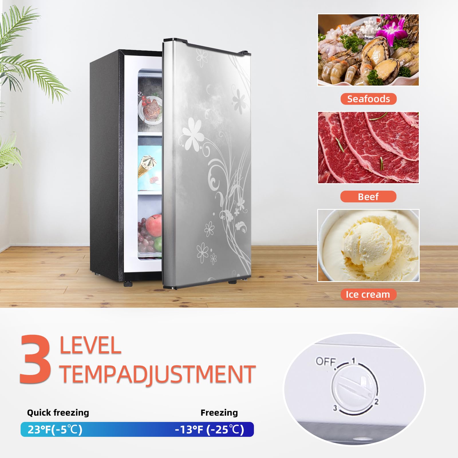 3.5 Cu.ft Compact Upright Freezer with Reversible Single Door,Three Freeze Shelves Mini Freezer with Adjustable Thermostat for Home/Kitchen Freezer Door with Pattern