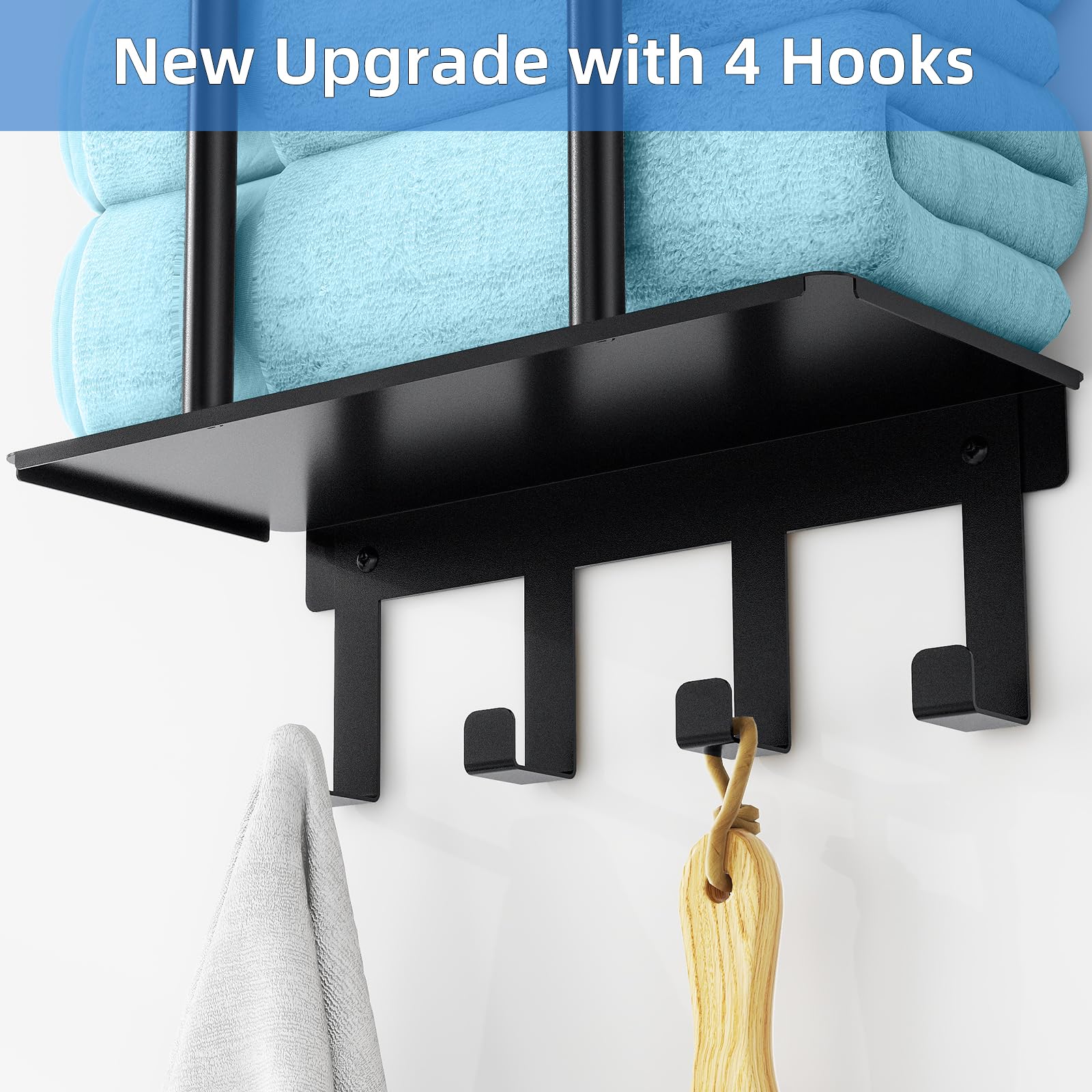 Bathroom Towel Rack with Shelf, New Upgrade 3 Tier Towel Storage Rack for Bathroom Wall Mounted with 4 Hooks, Wall Towel Holder for Rolled Towels, Towel Shelf for Small Bathroom, Matte Black