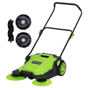 greensweep - walk behind manual push floor sweeper - 5 gallon capacity - easy storage - outdoor use - additonal heavy duty brush set