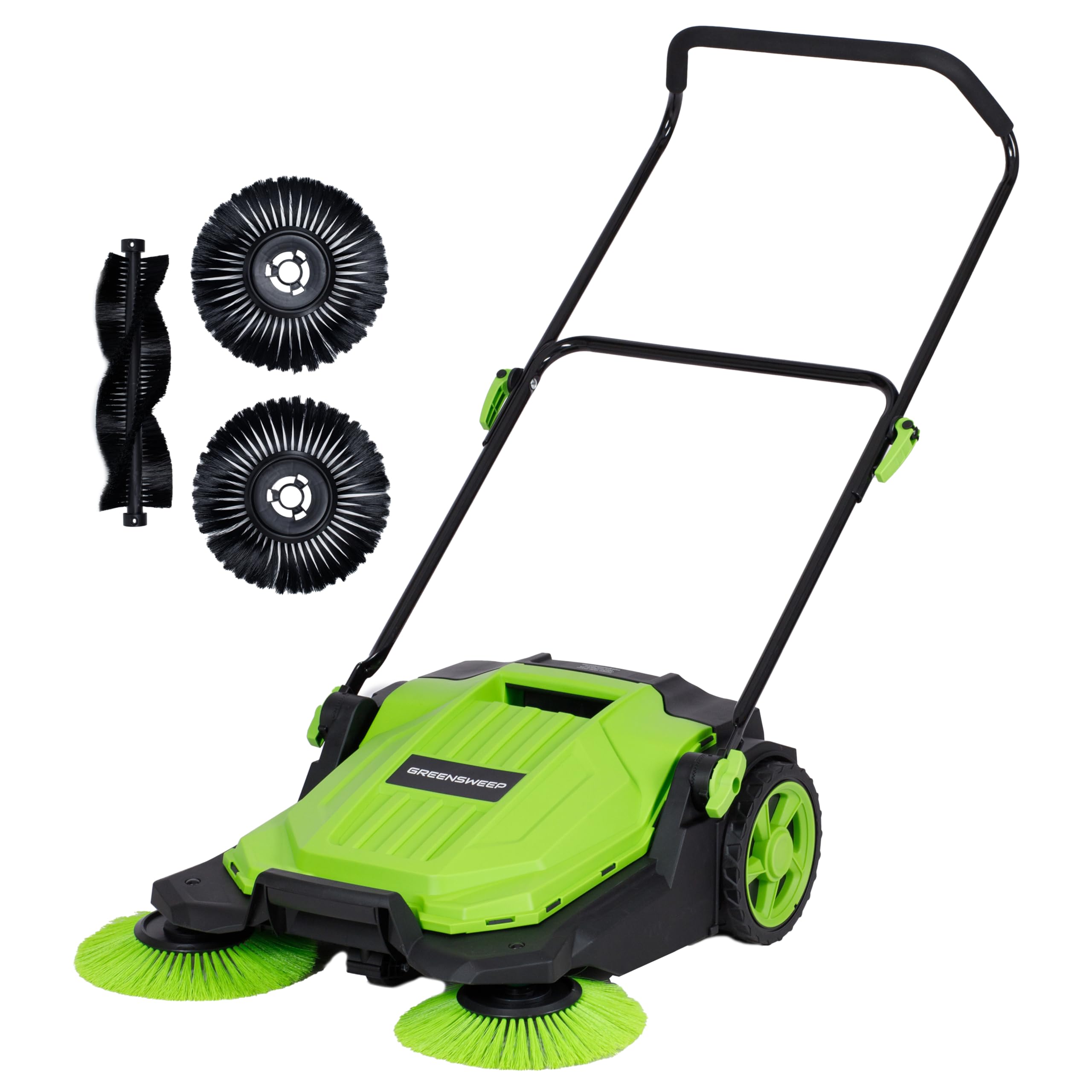 GreenSweep - Walk Behind Manual Push Floor Sweeper - 5 Gallon Capacity - Easy Storage - Outdoor Use - Additonal Heavy Duty Brush Set