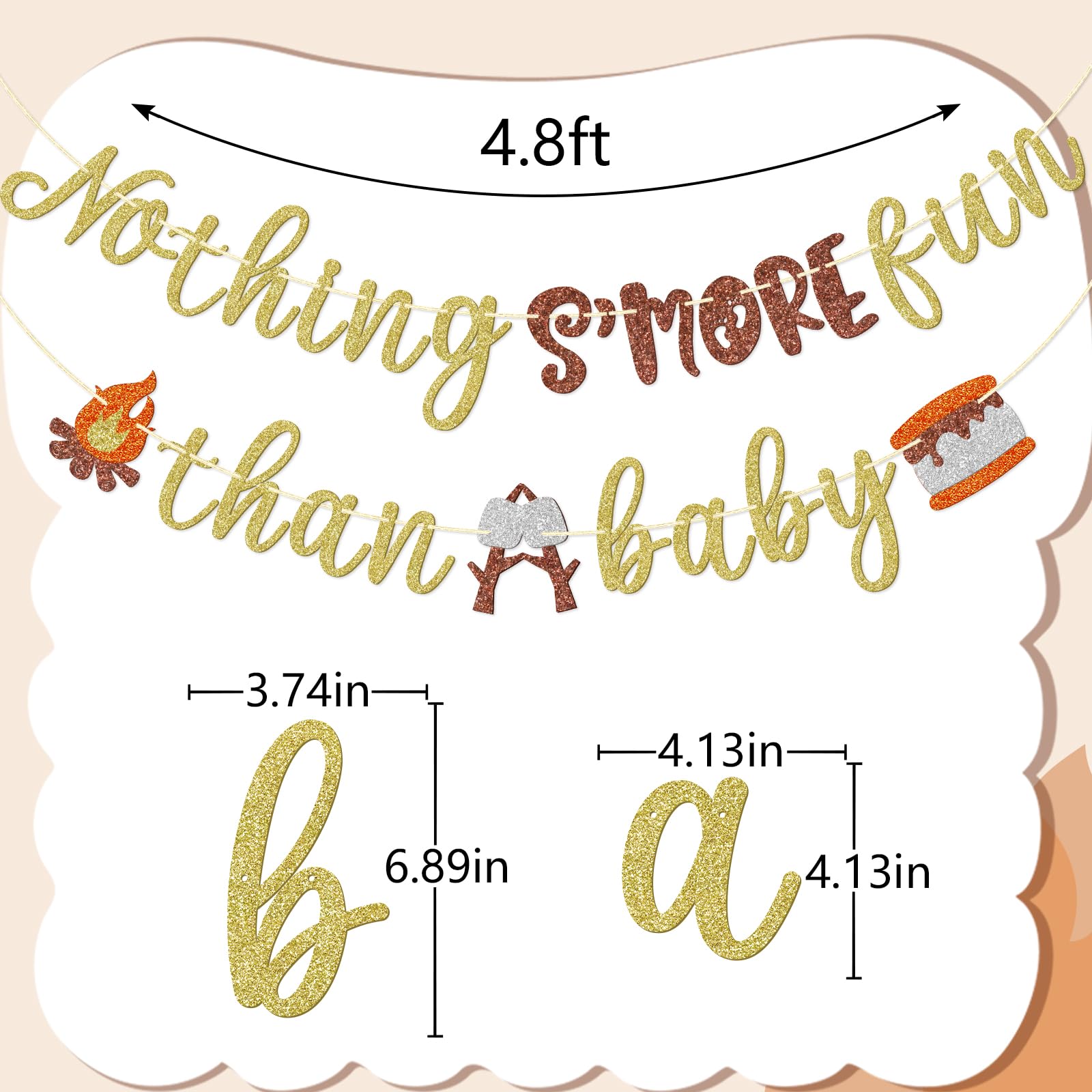 Firefairy Camping Themed Baby Shower Banner, Pre-strung Nothing S’more Fun Than a Baby Banner, S'mores Birthday Banner for Baby, Happy Camper Baby Shower Decorations, Gold ＆ Brown Glitter