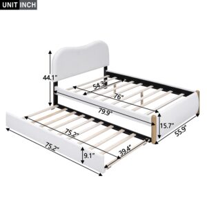 HomSof Full Size Upholstered Platform Bed with Wood Supporting Feet and Twin Size Trundle, White