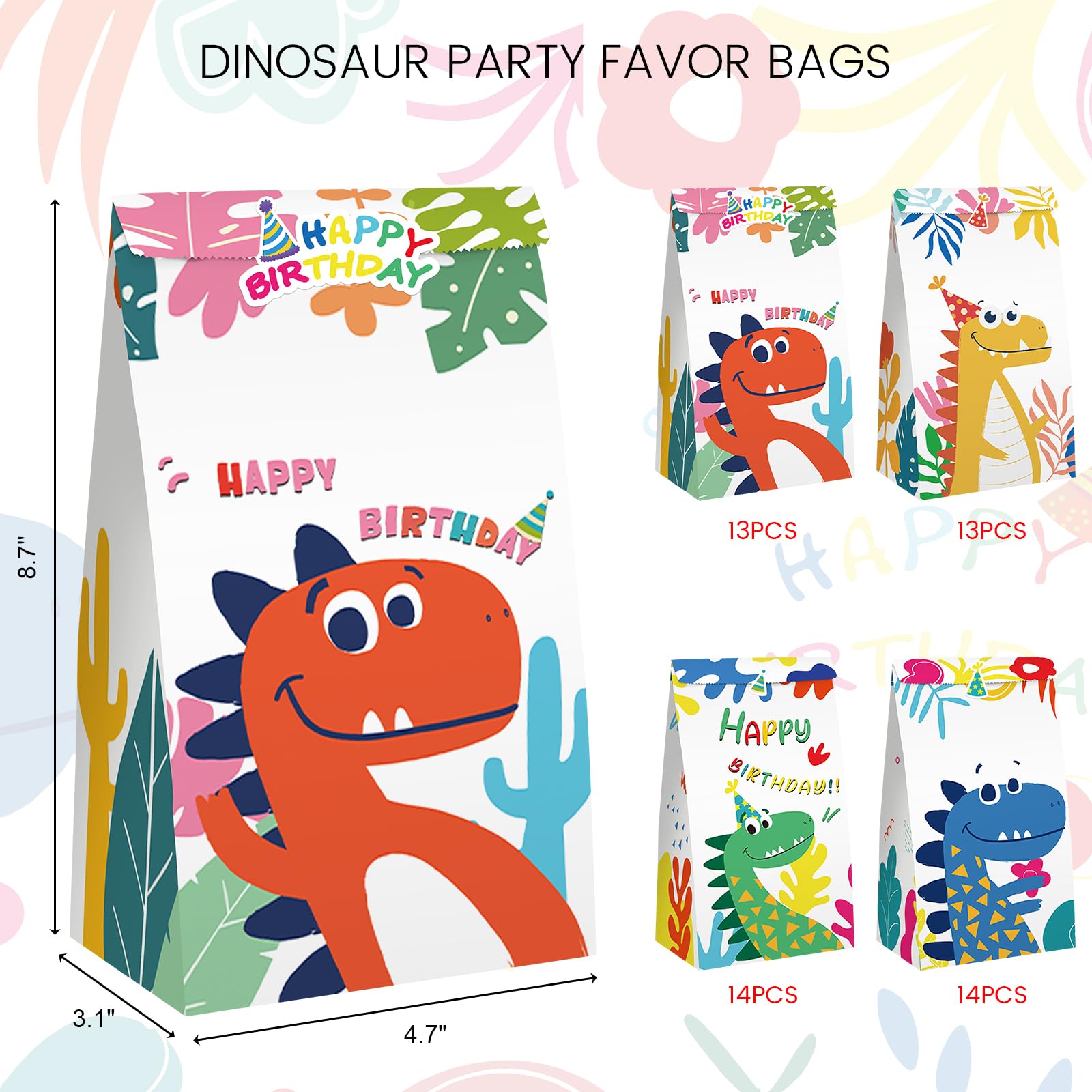 JOHOUSE 24PCS Dinosaur Party Favor Bags, Paper Gift Bags with Stickers Treat Bags Dinosaur Goodie Bags for Birthday Baby Shower