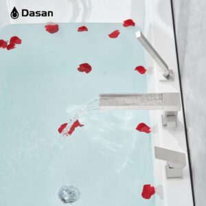 DASAN Roman Bathtub Faucet Set with Handheld Shower Sprayer 3-Hole Deck Mount Square Tub Filler Faucet Set, Brushed Nickel Waterfall Roman Tub Faucet with Valve Included, DA-TF09SWH-BN