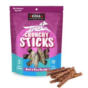 koha pet crunchy sticks beef & white rice recipe, 2 ingredient dog treats for sensitive stomachs, tasty treats for dogs