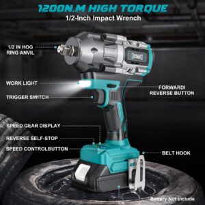 Cordless Impact Wrench 1/2 inch for Makita 18V Battery, 900Ft-lbs(1200N. m) Brushless Electric Power Impact Driver Gun Tool, 2100RPM High Torque Impact Wrench with LED Work Light (No Battery)