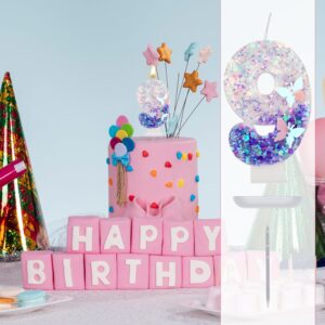 Birthday Number Candles, 2.87 Inch Purple Butterfly Candle Glitter Number Candles Purple Cake Topper Decorations Happy Birthday Cute Number Candles for Celebrations (Number 9)