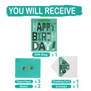 16.5" Extra Large Green Gift Bags Set with Greeting Card and Tissue Papers (Cartoon Happy Birthday) for Men's or Women's Birthday Party, Boys', Girls', or Kids' Party, Baby Shower, Baby Boy or Girl -