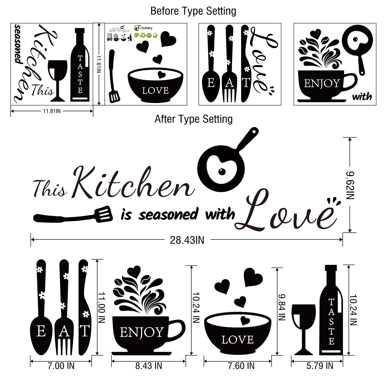 Rotumaty Kitchen Quote Wall Stickers Kitchen Seasoned with Love Wall Decals Wall Art Kitchen Utensil Decorations Wall Decor for Dining Room Home Office School Coffee Shop