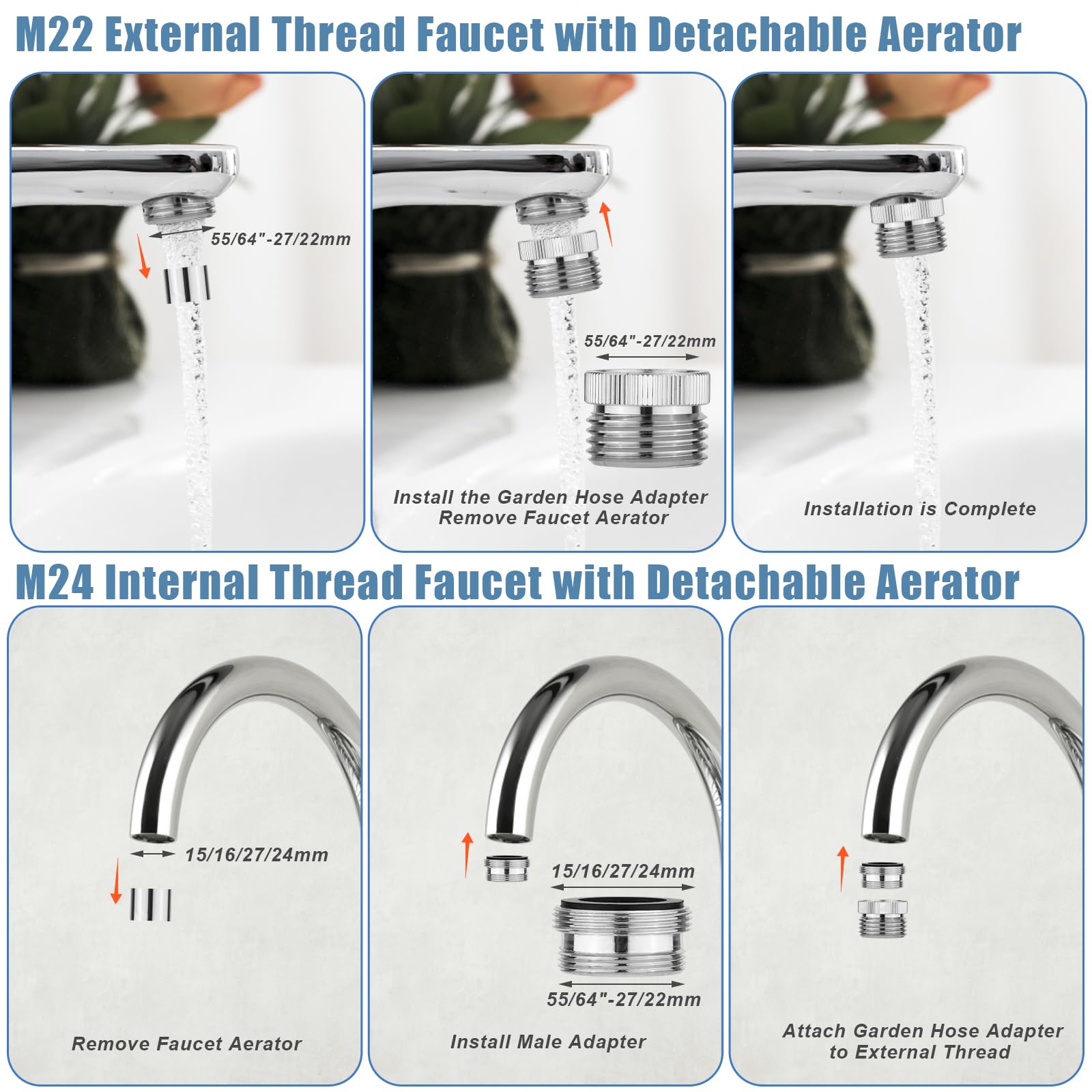 Faucet Adapter with Aerator, 3/4 Inch Garden Hose to 1/2 Sink Faucet Adapter, Polished Chrome Plated Faucet Adapter Kit for Garden Hose