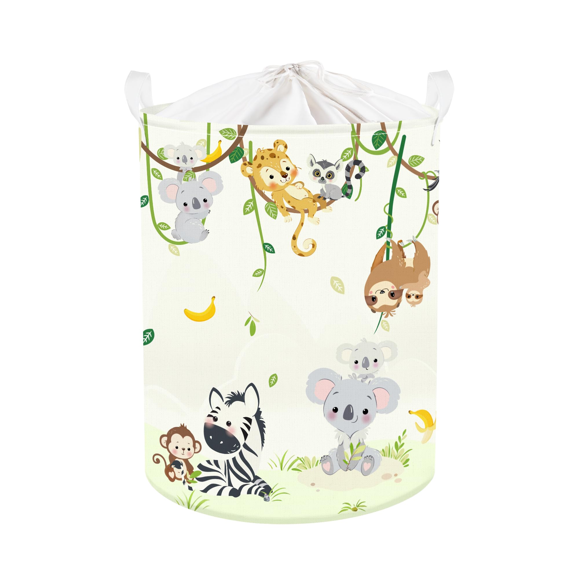 Clastyle 45L Vine Woodland Animal Hamper for Boy Girl Elephant Giraffe Lion White Round Toy Clothes Storage Basket for Nursery Room