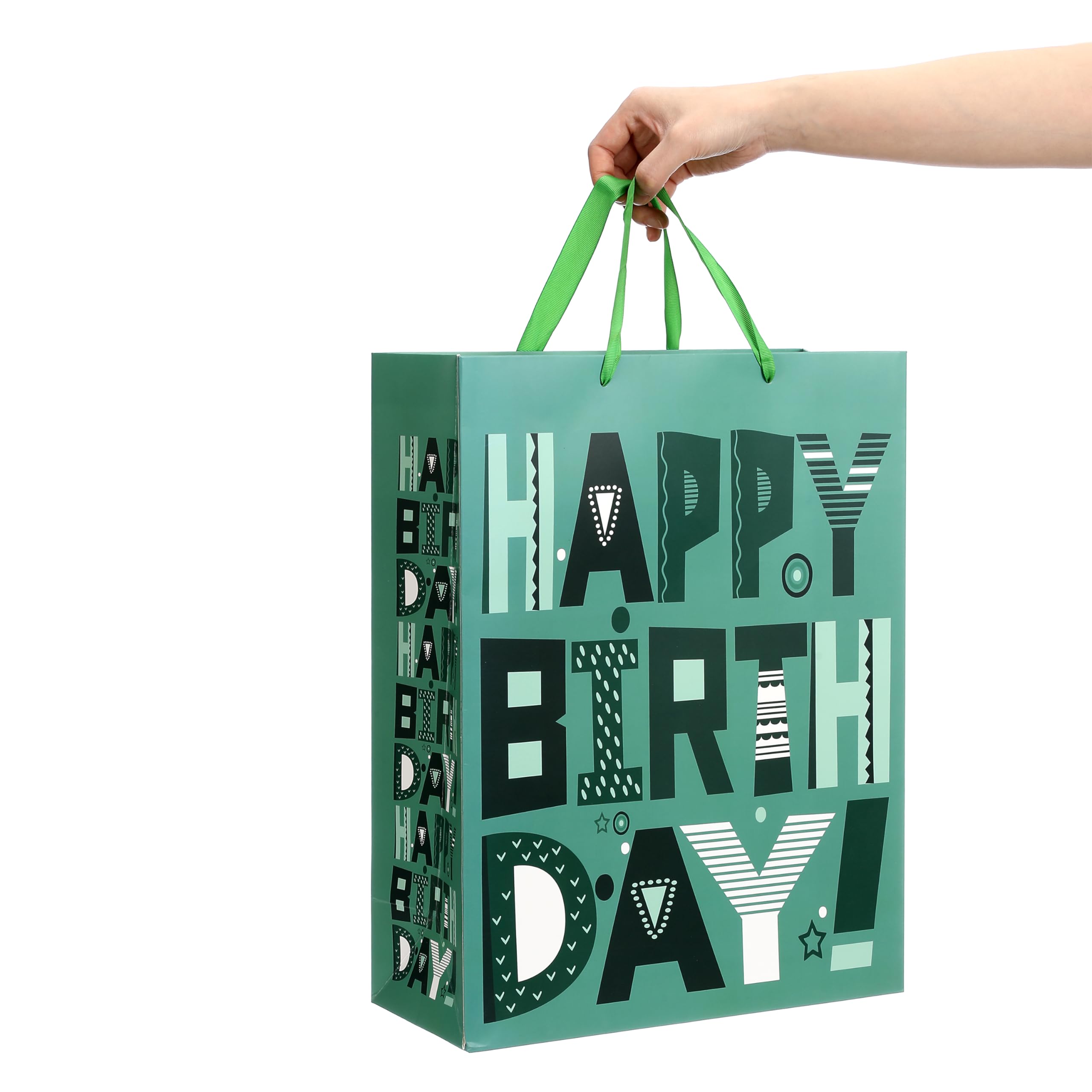 16.5" Extra Large Green Gift Bags Set with Greeting Card and Tissue Papers (Cartoon Happy Birthday) for Men's or Women's Birthday Party, Boys', Girls', or Kids' Party, Baby Shower, Baby Boy or Girl -