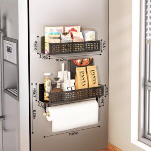 JAILOG 2 Pack Magnetic Spice Rack for Refrigerator with Upgraded Paper Towel Holder，Moveable Magnetic Shelf Fridge Organizer for Kitchen Organizer Storage (Black)