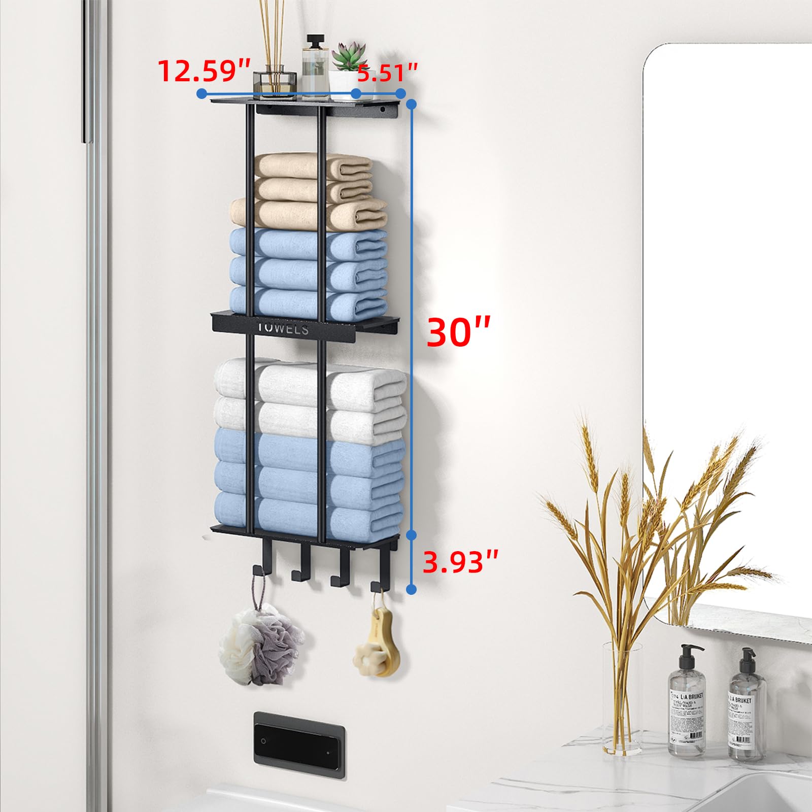 Bathroom Towel Rack with Shelf, New Upgrade 3 Tier Towel Storage Rack for Bathroom Wall Mounted with 4 Hooks, Wall Towel Holder for Rolled Towels, Towel Shelf for Small Bathroom, Matte Black