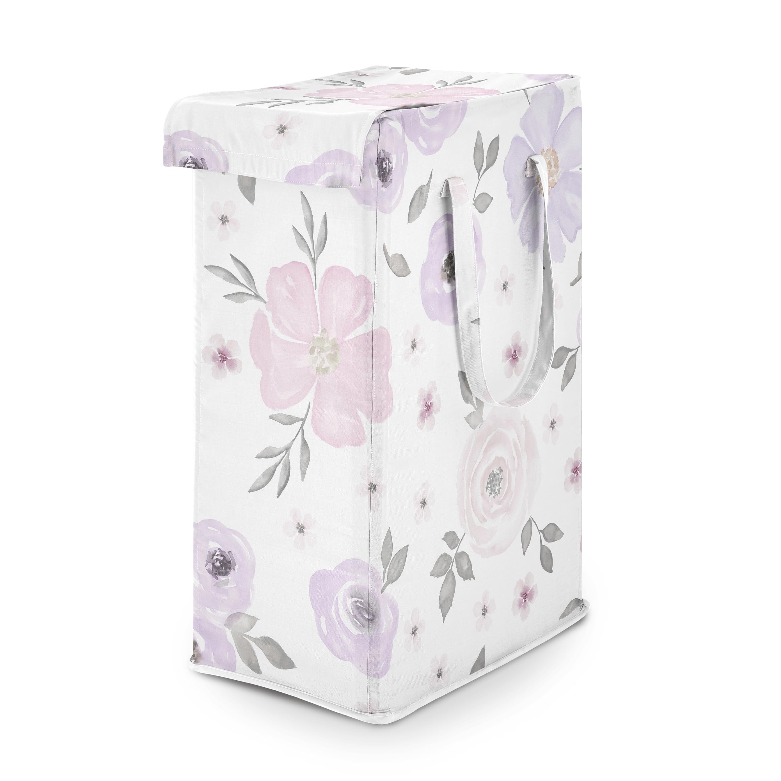 Sweet Jojo Designs Lavender Purple Boho Floral Girl Laundry Hamper Foldable Dirty Clothes Basket with Handles Baby Nursery Kid Bedroom Teen Bathroom Pink Grey Bohemian Farmhouse Shabby Chic Watercolor