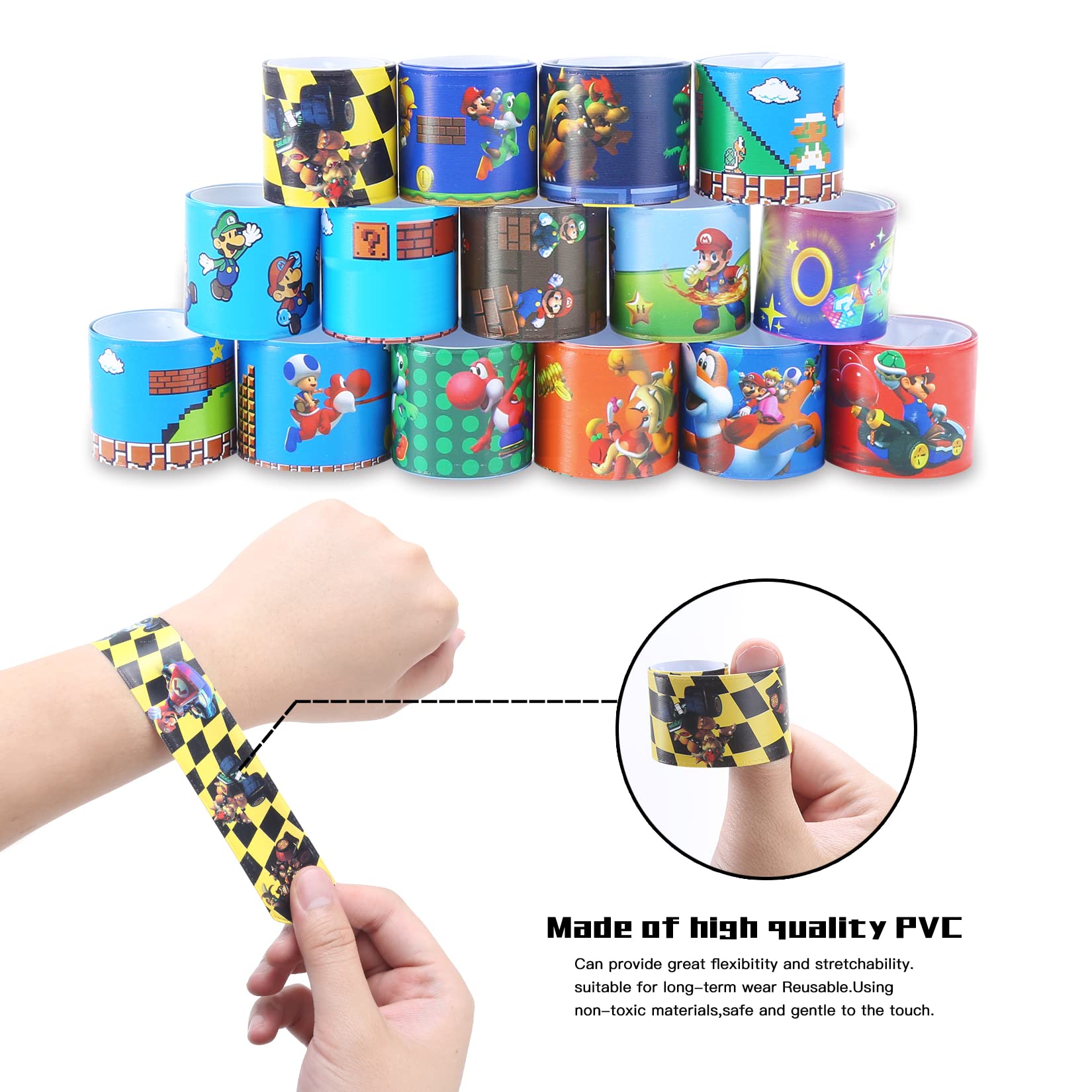 HHMJZW 32PCS Mario Bros Slap Bracelet Toys and 50 PCS cartoon Mario Bros party stickers carnival prizes - for Kids Boys & Girls Birthday Party Supplies Favors