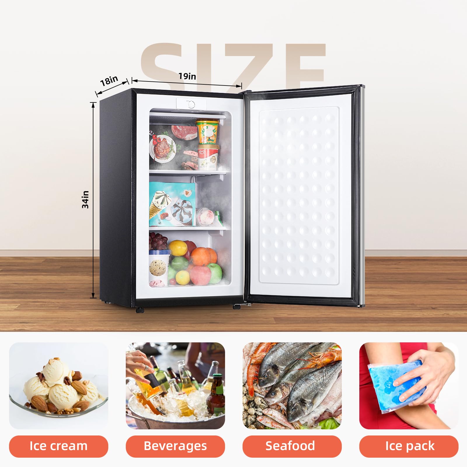 3.5 Cu.ft Compact Upright Freezer with Reversible Single Door,Three Freeze Shelves Mini Freezer with Adjustable Thermostat for Home/Kitchen Freezer Door with Pattern