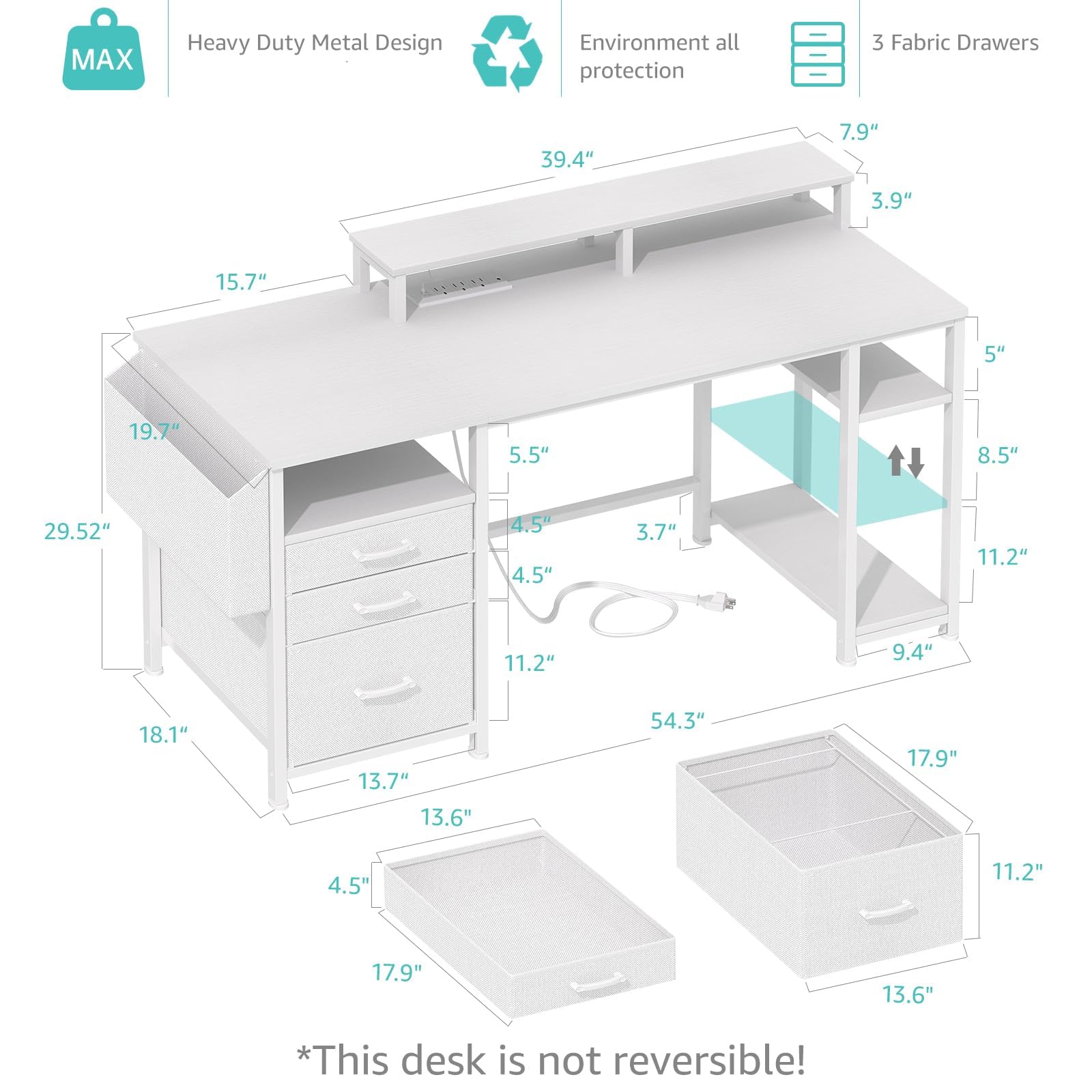 Lufeiya White Computer Desk with File Drawers Cabinet, 55 Inch Home Office Desk with Monitor Stand Shelves, Writing Study Gaming Desks with Led Lights and Power Outlets for Bedroom, White