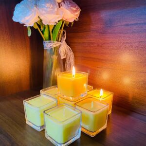 12 Pack Yellow Small Square Glass Citronella Candles, Strong Lemongrass Scented Votive Candles, for Outdoor Dinner Party, Patio, Glamping Essentials, Outside