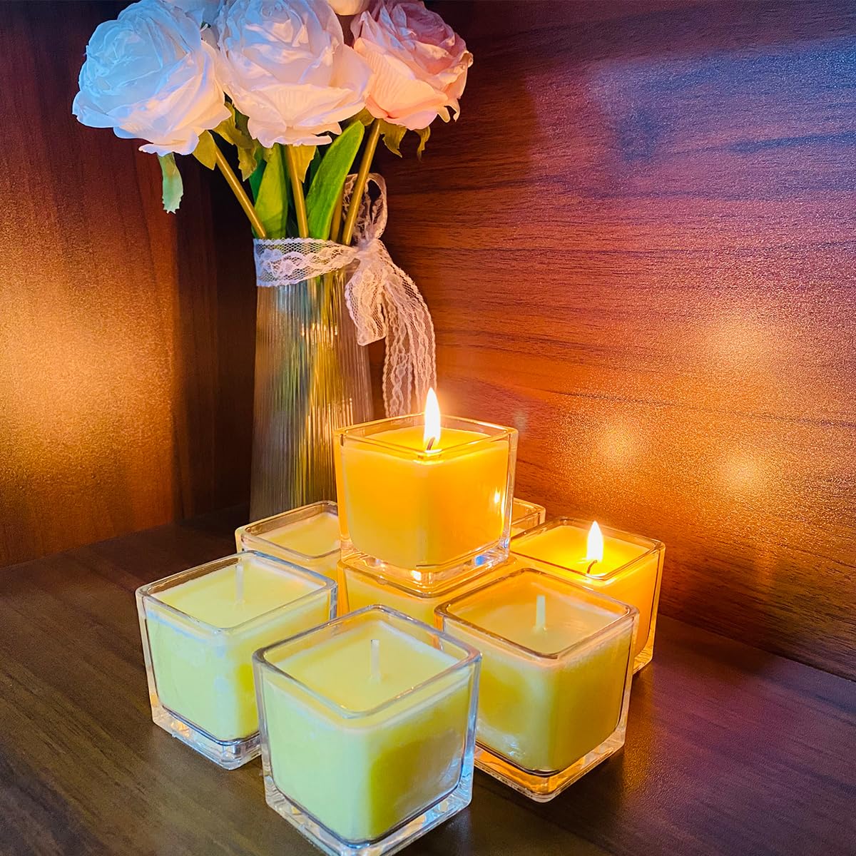 12 Pack Yellow Small Square Glass Citronella Candles, Strong Lemongrass Scented Votive Candles, for Outdoor Dinner Party, Patio, Glamping Essentials, Outside