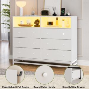 Jojoka Wide Dresser for Bedroom with Charging Station, 6 Drawer Dresser with LED Lights, Modern Large Capacity Storage Cabinet, Closet,White