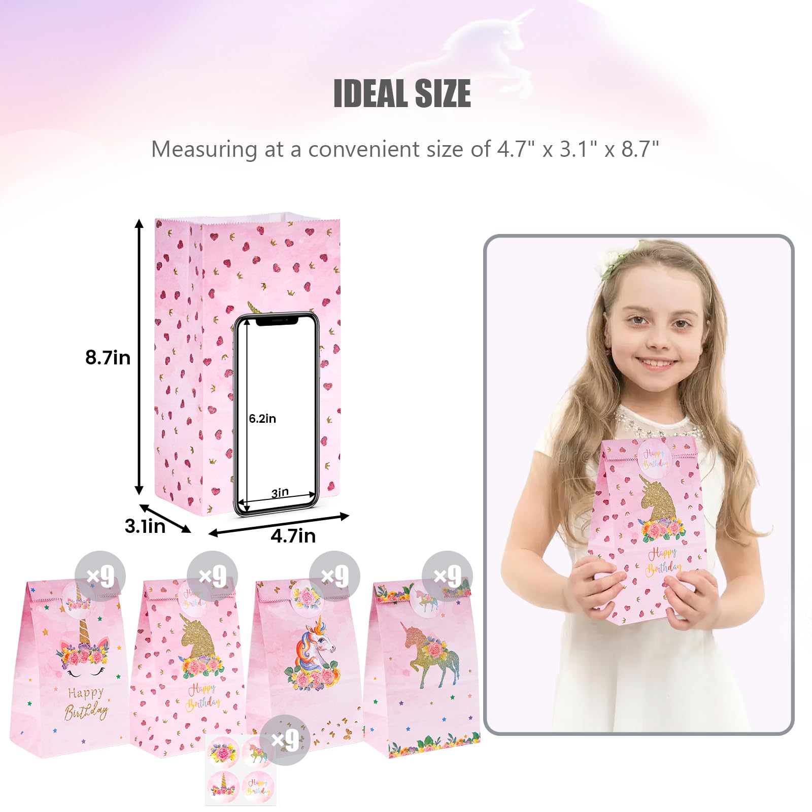 JOHOUSE 36PCS Party Favor Bags, Cute Princess Treat Bags Pink Goodie Bags Paper Gift Bags for Kids Girls Princess Theme Party Birthday Baby Shower