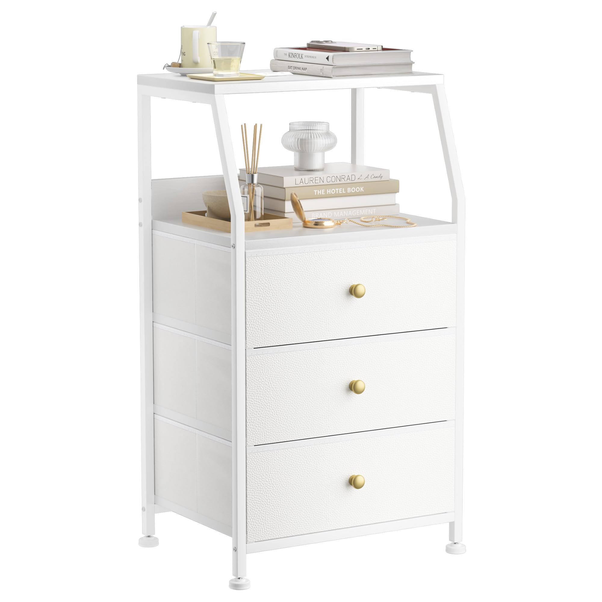 GipGiper White Nightstand with 3 Fabric Storage Drawers, Small Dresser for Bedroom, Entryway, Hallway, College Dorm Furniture Bedside End Table Table Closet Organizer