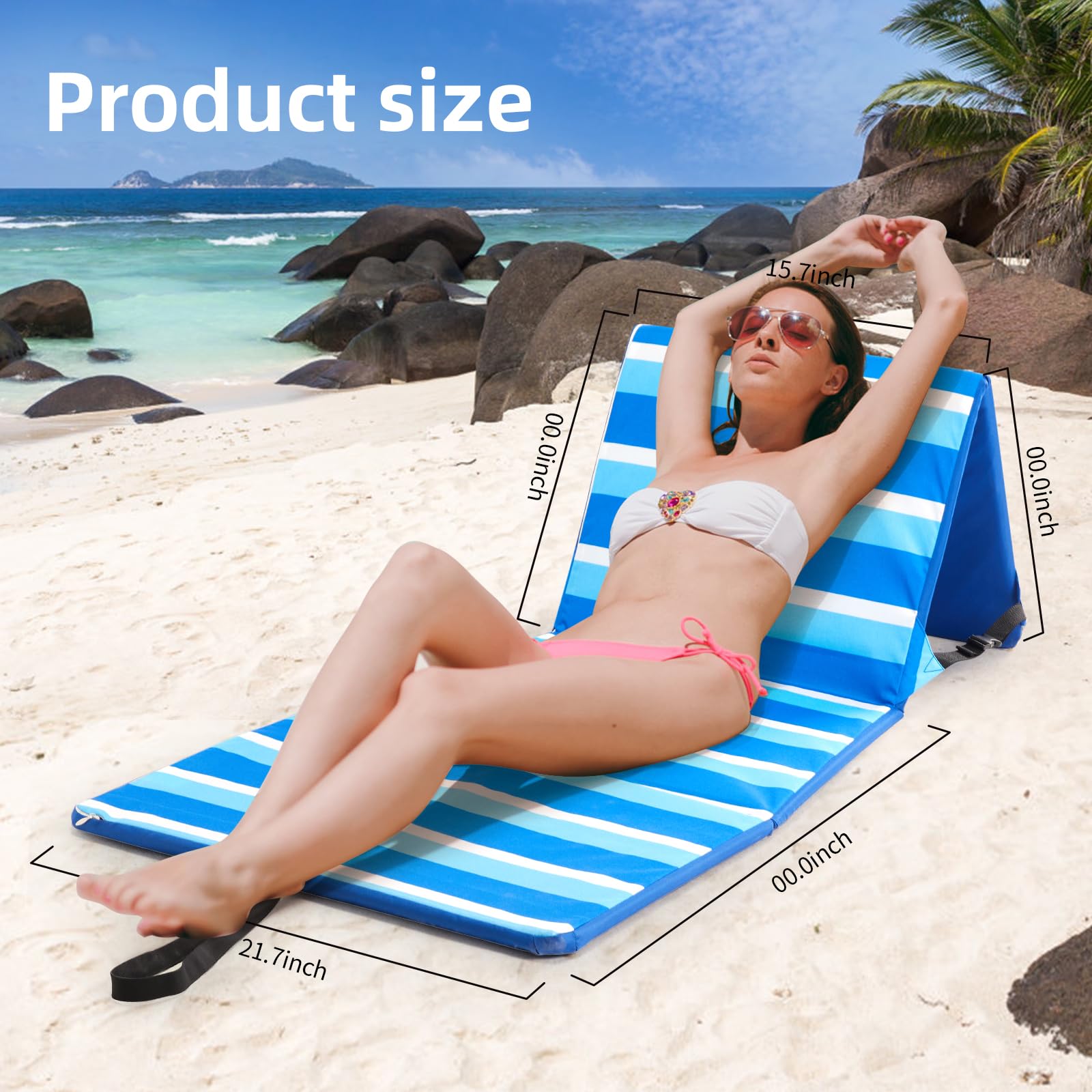 LOTTAFUN Portable Beach Chair with Back Support, Folding Beach Lounge Chair for Adults Adjustable Beach Mat Lightweight Tanning Chair for Outdoor Sand Camping Sunbathing