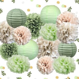 Sage Green hanging Party Decorations for Baby Bridal Shower Boho Wedding Birthday Supplies in Wall Decor with Tissue pom poms and Lanterns (Boho green)