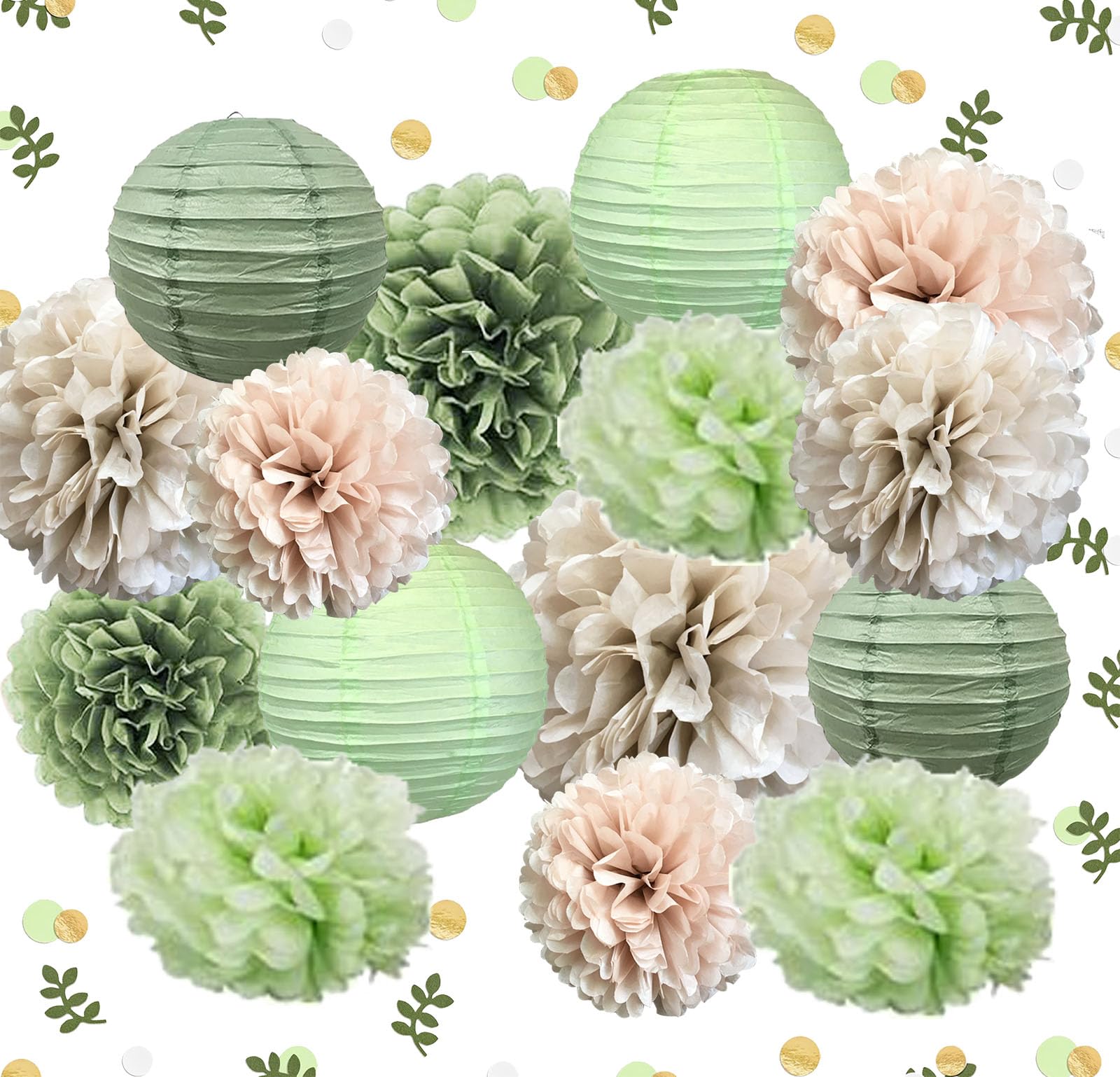 Sage Green hanging Party Decorations for Baby Bridal Shower Boho Wedding Birthday Supplies in Wall Decor with Tissue pom poms and Lanterns (Boho green)