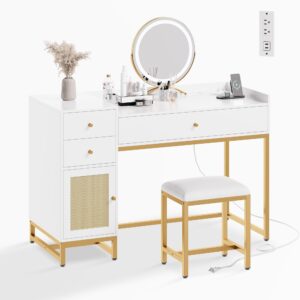 AWQM White Makeup Vanity Desk with Stools,Rattan Vanity Table Set with Power Outlet,Makeup Table Dressing Table with Drawers & Cabinet, Small Vanity Table for Bedroom with Storage,Without Mirror