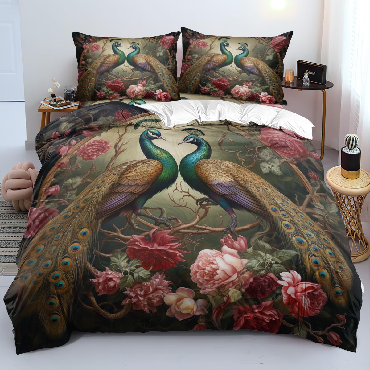 CCoutueChen Peacock Duvet Cover King Size Luxurious Bird Floral Bedding for Adult Women Peacock Feather Comforter Cover 3Pcs Soft Duvet Cover Set with Zipper Closure Corner Ties