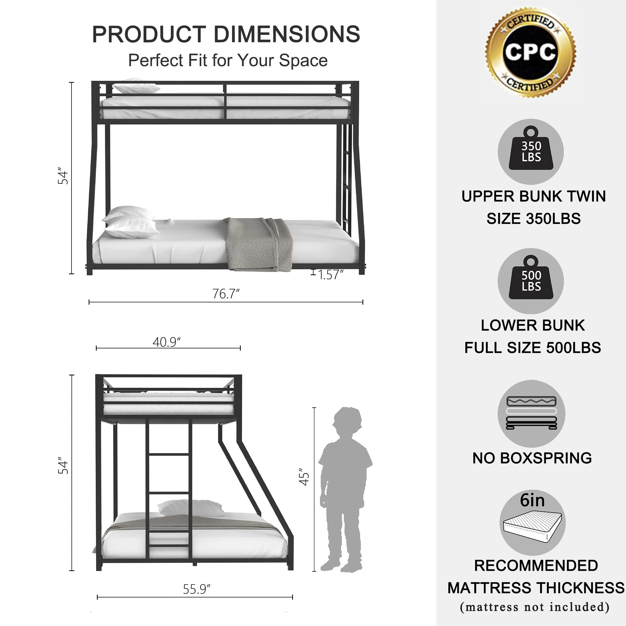 Twin Over Full Bunk Bed - LifeSky Metal Bunkbeds Full Bottom Low Profile Removable Side Ladder Black