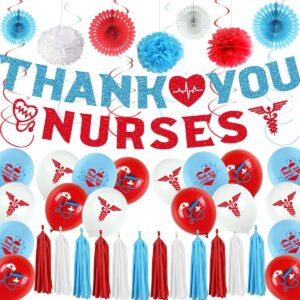 loonelo thank you nurse party decorations, 44pcs nurses appreciation week party supplies, congrats nurse banner hanging swirls balloons party set for nursing school rn graduation party