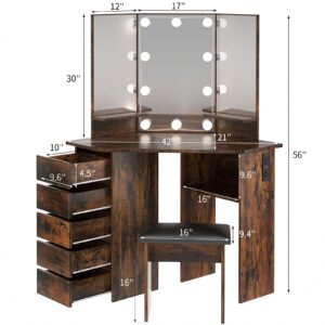 VOWNER Vanity with Lights - Makeup Vanity Desk with Power Outlet, 3 Color Lighting Options Brightness Adjustable, Vanity Table with 5 Sliding Drawers, Shelves and Stool for Bedroom, Rustic