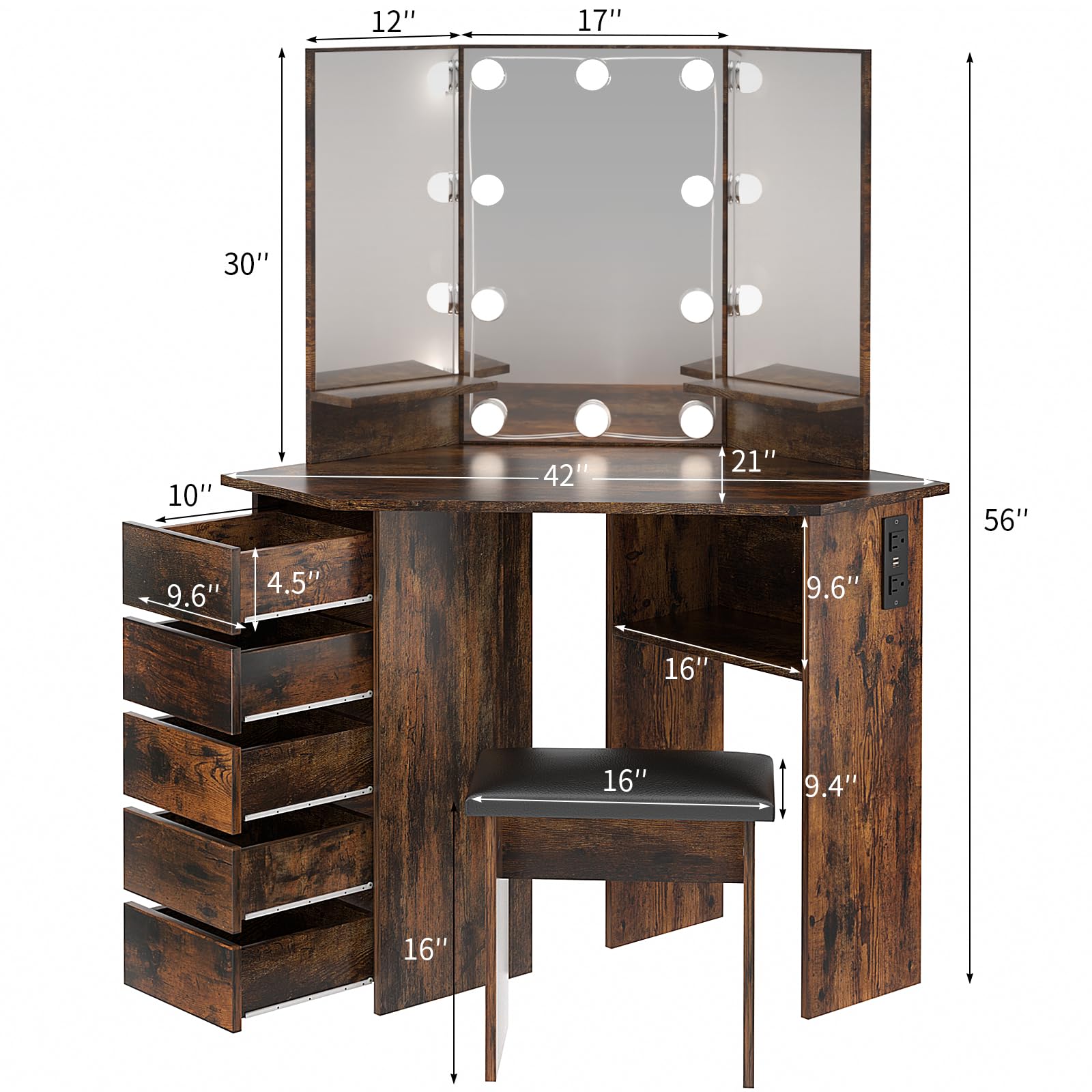 VOWNER Vanity with Lights - Makeup Vanity Desk with Power Outlet, 3 Color Lighting Options Brightness Adjustable, Vanity Table with 5 Sliding Drawers, Shelves and Stool for Bedroom, Rustic