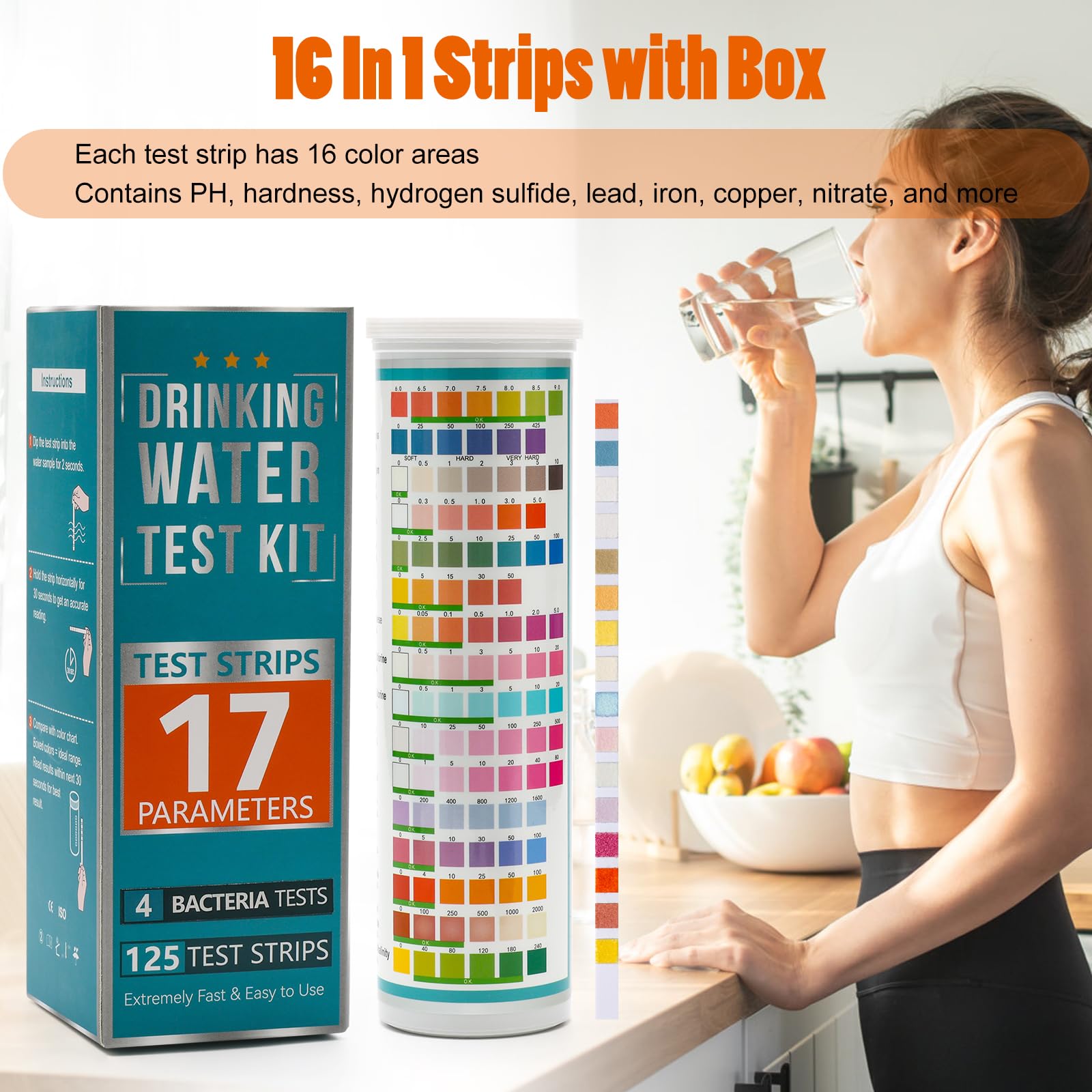 Anglekai 125+8P Drinking Water Testing Kit for Home, Water Testing Kit with 125P Testing Strips/ 4P Bacteria Tests/Tube/Dropper/Timer/Instruction, Well Water Test Kit for Home Water Quality Test