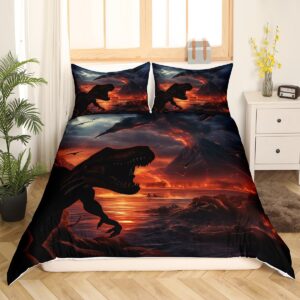 Erosebridal Dinosaor Duvet Cover 3D Realistic Dinosaur Pattern Twin Bedding Set for Boys Teens Kids Tropical Wildlife Comforter Cover Volcano Eruption Bedspread Cover 2Pcs